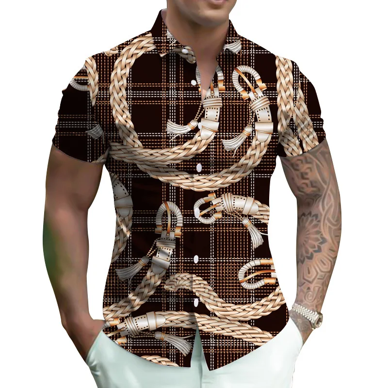 New Men's 3D Printed European and American Retro Short Sleeved Cardigan Collar Shirt