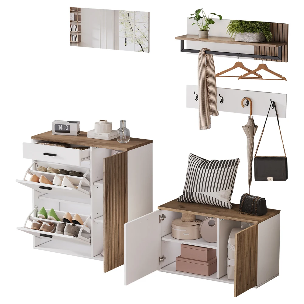 PINGGO 5-teiliges Eingangsbereich-Schuhregal-Set mit Schuhbank, Spiegel, Hängetasche und 4 Haken für Flur und Wohnzimmer – Detail 10