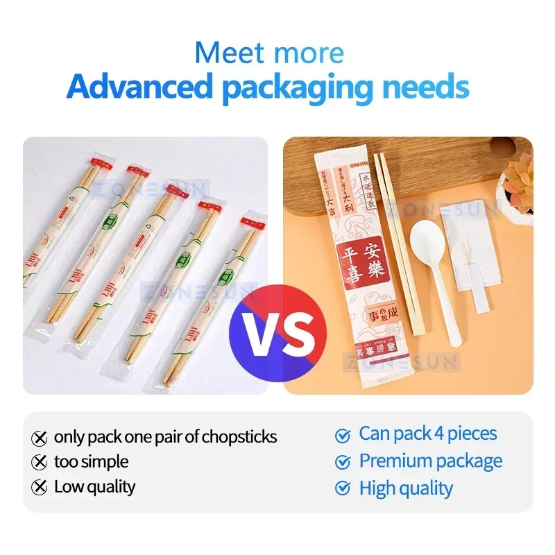 ZONESUN Automatic Cutlery Set Packing Machine Disposable Plastic Tableware Bagging Equipment Chopstick Wrapping ZS-PLCJ01