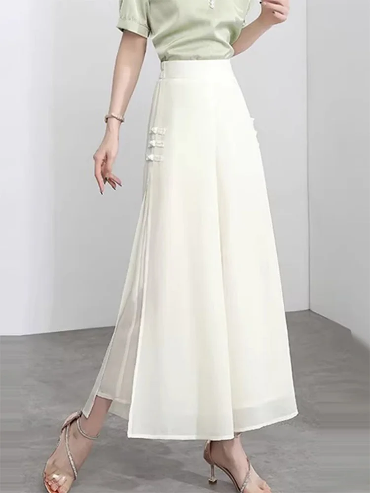 Casual Slit Wide Leg Pants Women's Summer Thin Chiffon Nine Points Pants Open Split Casual Trousers Thin Model Summer Skirt