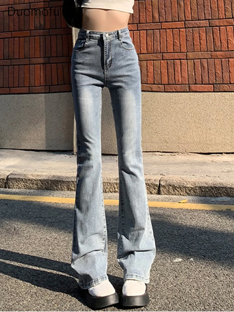 

Duomofu Light Blue Elastic High Waist Slim Vintage Women Jeans Spring Solid Color Fashion Washed Simple Chic Flare Female Jeans