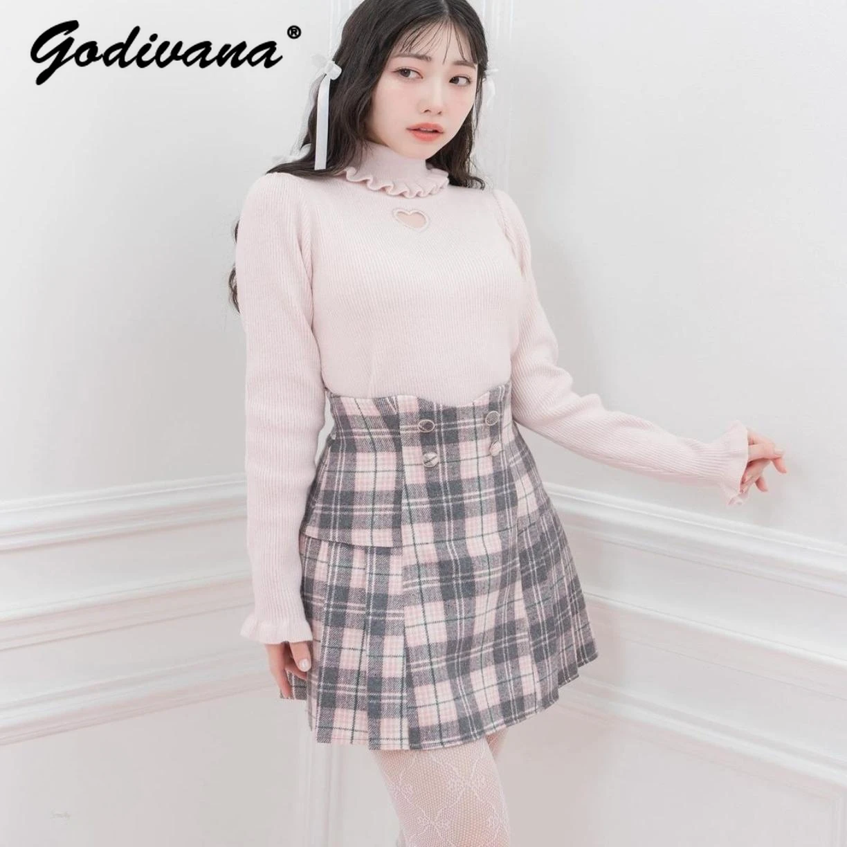 Japanese Sweet Girl Turtleneck Love Hollow Out Slim Knitted Sweater New Autumn and Winter Solid Color Thin Pullover Knitwear