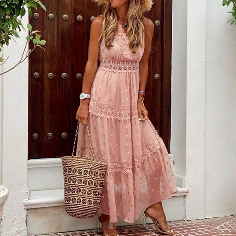 Casual Boho Holiday Women's Summer Long Dress Sexy Deep V Sleeveless Backless Beach Sundress Patchwork Elegant Maxi Dresses