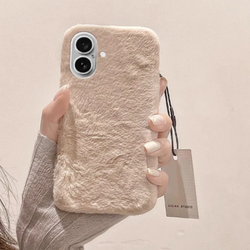 Aesthetic Solid Color Plush Phone Case 4 Colors for iPhone 16/15 Pro Max Android, Winter Soft Fuzzy Protective Cover for Girls