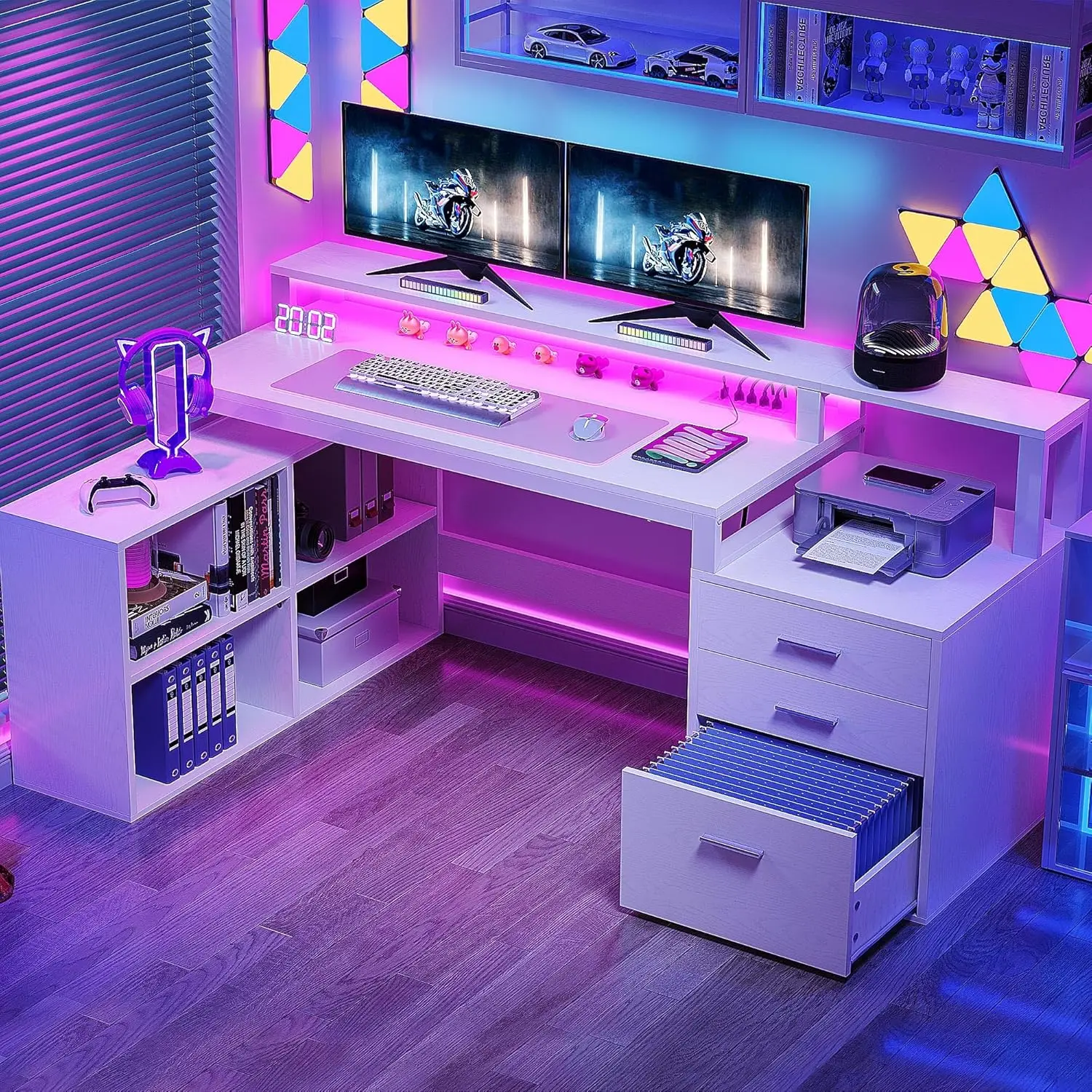 

L Shaped Desk with Power Outlets & LED Lights, 65" Computer Desk with Drawers, with File Cabinet & Printer Stand, White