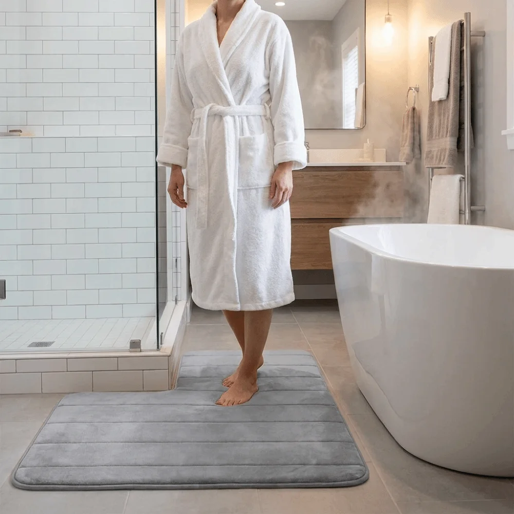 Coral Velvet L-Shaped Bathroom Floor Mat Striped Right Angle Absorbent Foot Mat Wear-Resisting Shower Room Mat Kitchen