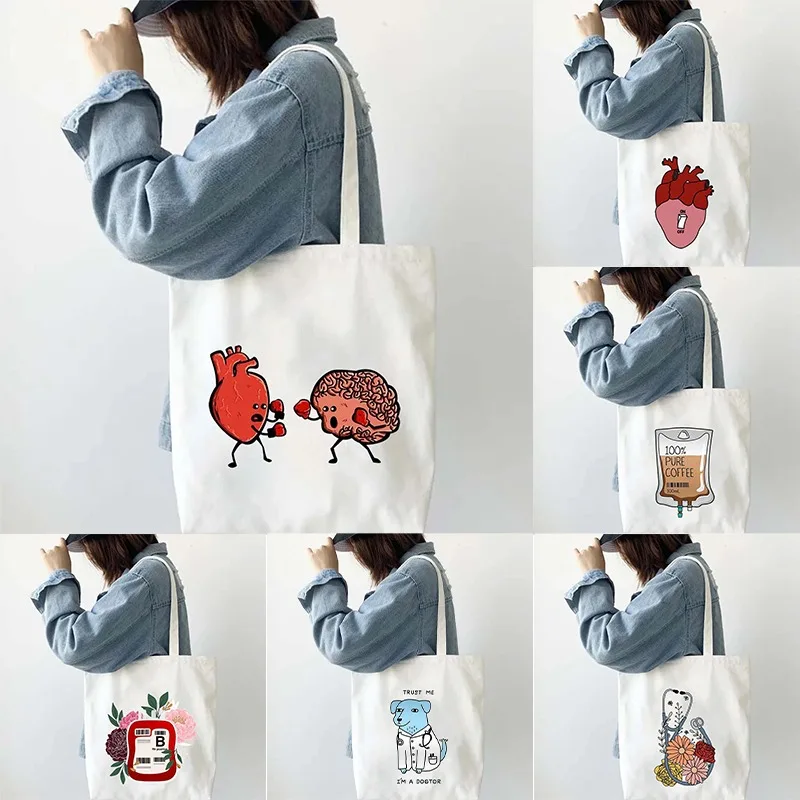 Funny Anatomy Doctor Nurse Medical Medicine Health Heart Flower Stethoscope Shoulder Canvas Totes Bag Harajuku Shopping Handbags