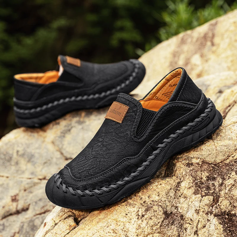 Handmade Leather Men Shoes Casual Slip on Loafers Breathable Driving Shoe Soft Sole Non-slip Male Flats Moccasins Walking Shoes