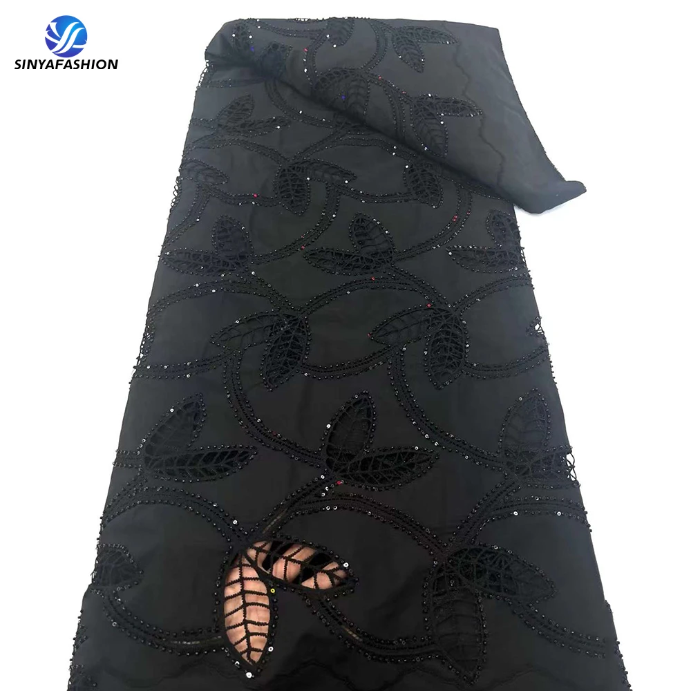 Sinya Black African Lace Fabric High Quality Laser Chiffon Embroidery French Sequins Beaded Lace Fabric For Wedding Party Dress