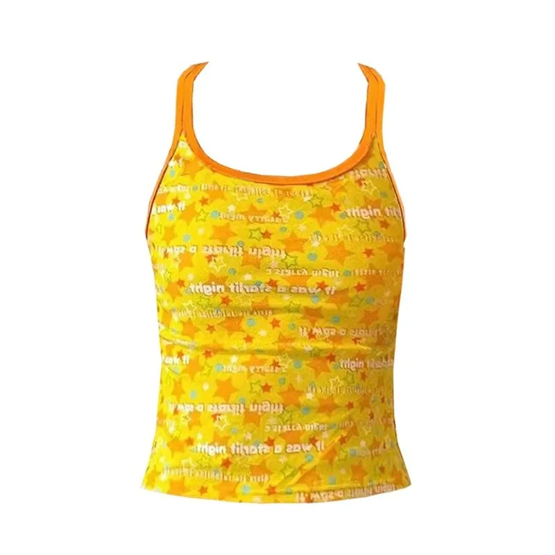 Genayooa Korean Style Tank Tops Women Sleeveless Yellow Print Halter Tops Y2k Vintage Tops Fairycore Streetwear Out Wear Camis