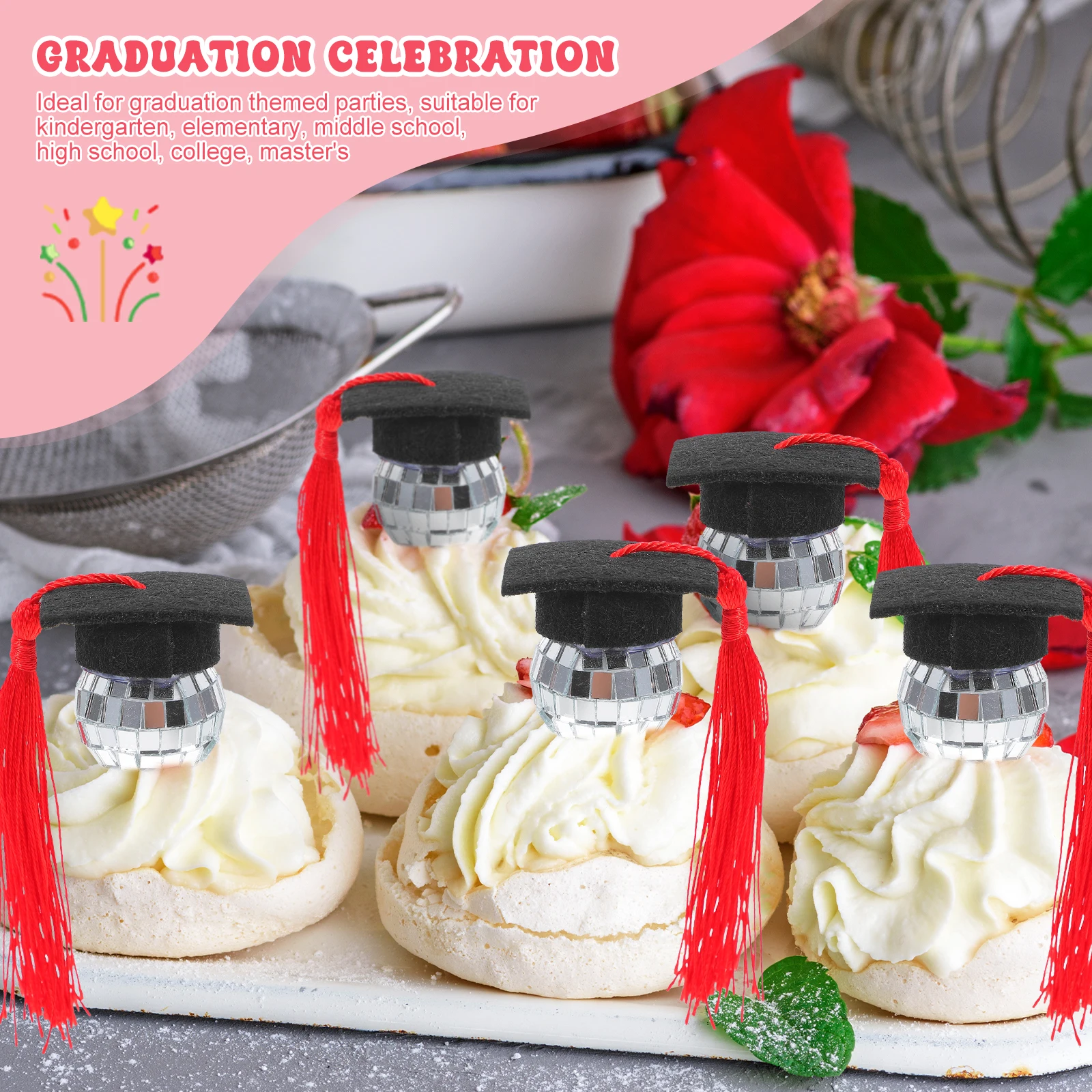 

10pcs Toppers Disco Ball Design Tassels Party Cake Decorations Mini Grad Cap Decor Season Cake Toppers Graduation Theme