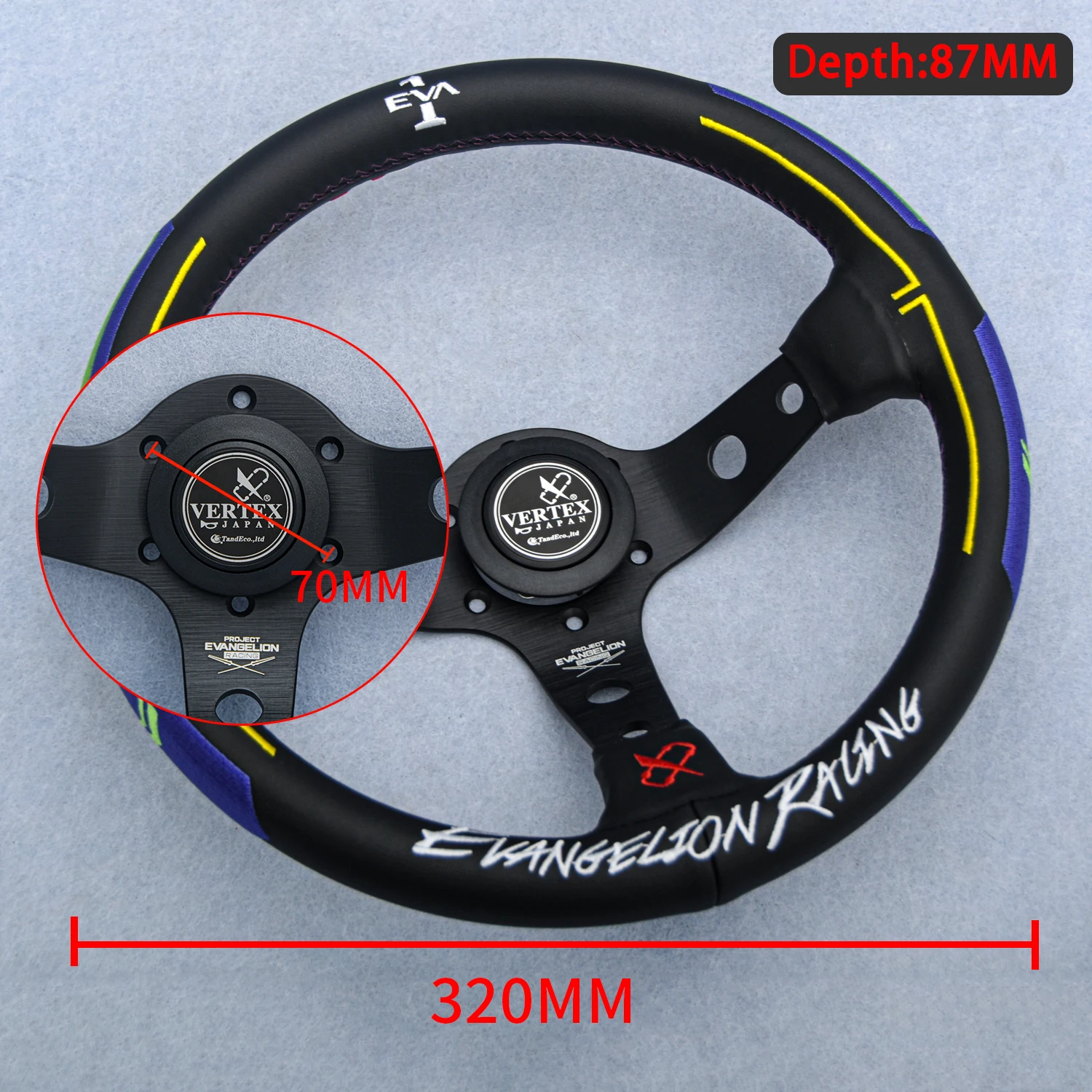 New 13Inch JDM Vertex x Evangelion EVA Racing Sport Leather Steering Wheel with Embroidery Car Accessories