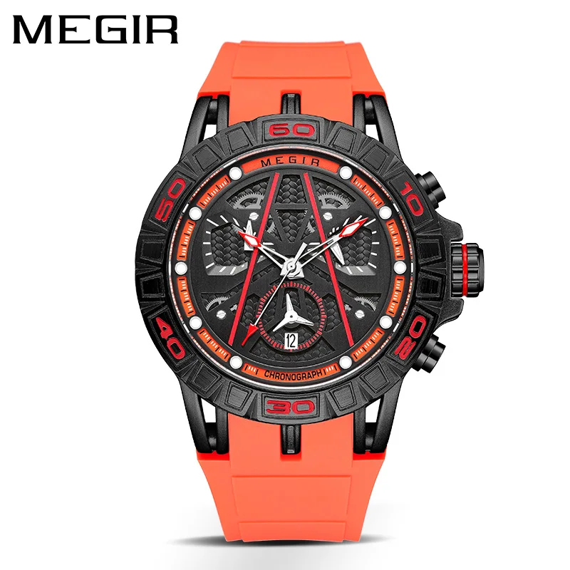 MEGIR 8110 Men Quartz Watch Luxury Creative Outdoors Calendar Chronograph Waterproof Analog Display Silicone Strap Male Watches