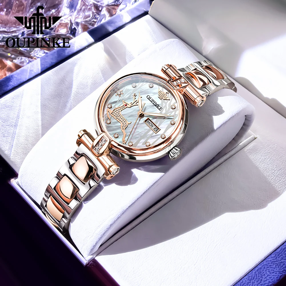 OUPINKE 3180 Watches For Woman Luxury Elegant Automatic Mechanical Watch Deer Dial Stainless Steel Week Date Watch Gift Box