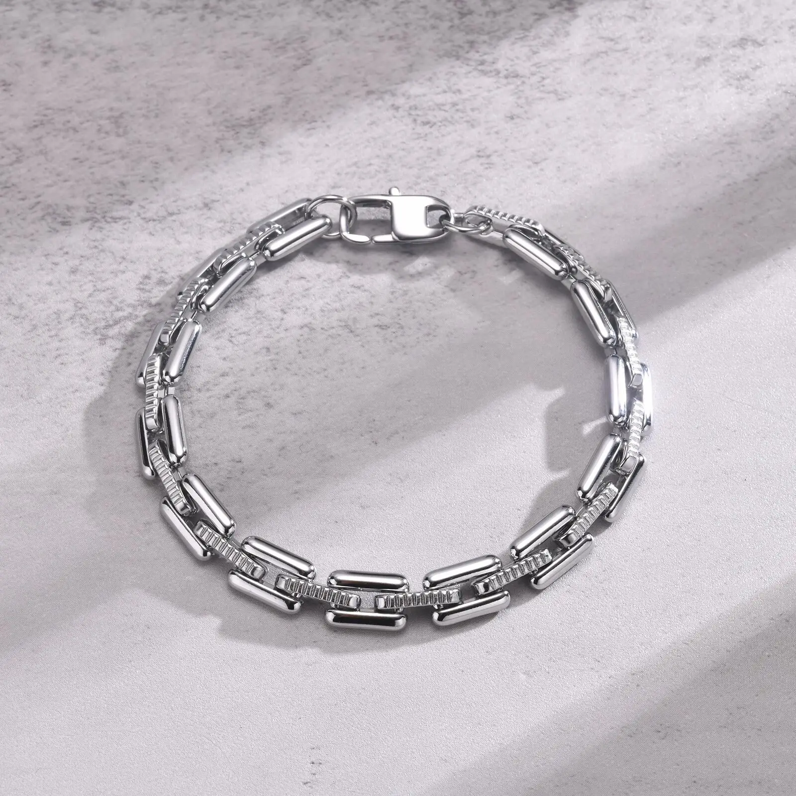 Vnox Never Fade Heavy Handmade Link Chain Bracelets for Men, Silver Color Stainless Steel Rectangle Chain Punk Rock Wristband