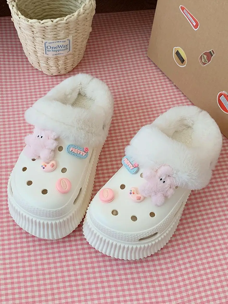 

Women Plush Garden Shoes Versatile Outdoor Height Increasing Pink Plush Bunny Hole Shoes Winter Warm And Plush Cotton Slippers