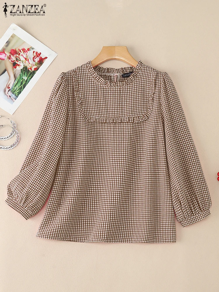 2025ZANZEA Herbst Plaid Überprüft Bluse Frauen O Hals Langarm Tops Beiläufige Lose Hemd Mujer Weibliche OL Arbeit Blusas Oversize
