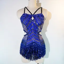 Fashion Blue Fringes Rhinestones Sexy Slip Bodysuit Women Birthday Party DS Stage Singer Performance Outfits Team Dance Costumes