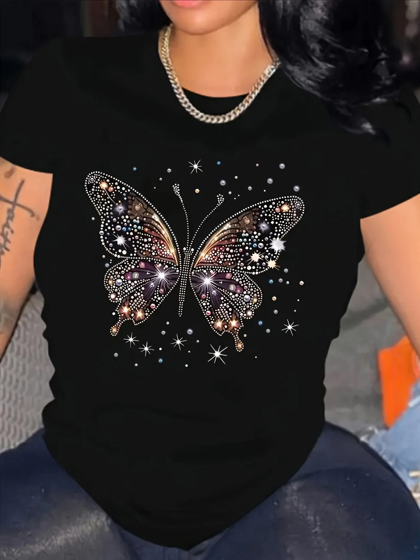 Butterfly T-Shirt Soft Women's Casual Short Sleeve T-Shirt Round Neck Top Regular Fit Butterfly Print Star Design Ladies TShirts