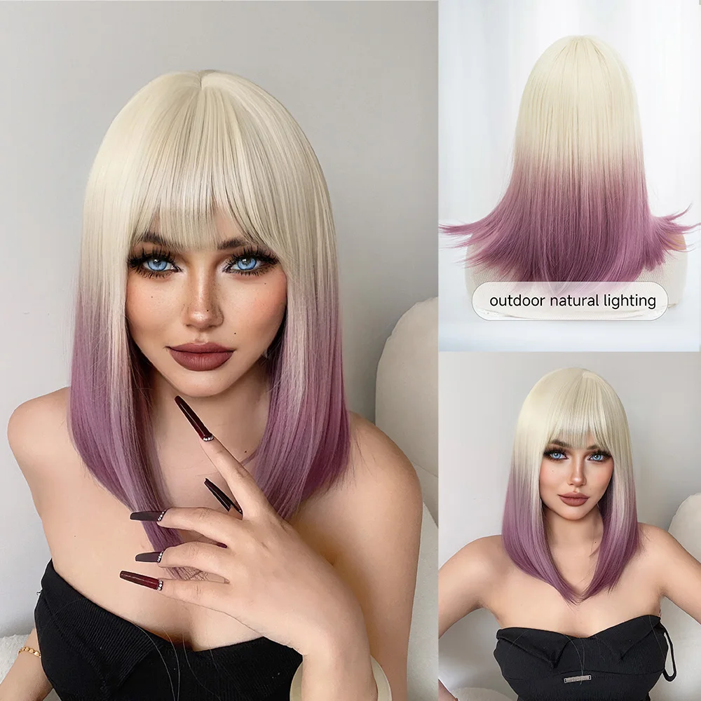 

18Inch Blonde Gradient Purple Synthetic Wigs With Bang Medium Natural Straight Hair For Women Daily Use Cosplay Heat Resistant