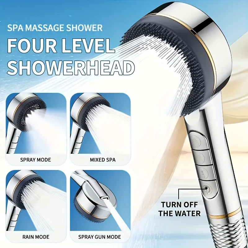 

4 Mode Strong Pressurized Shower Head Pushbutton Shifter Spray with Massage Brush Filter Shower Nozzle Bath Spa Showerhead Set