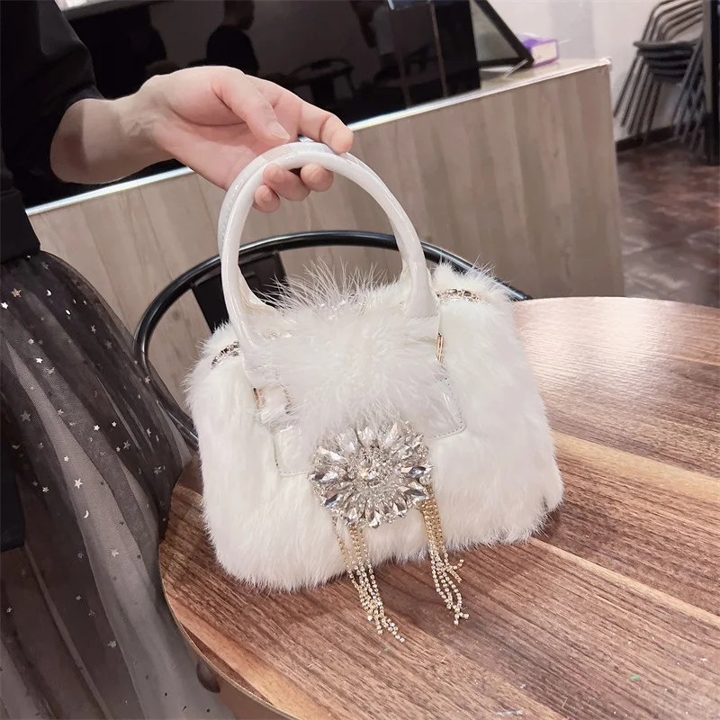 

Plush Tote Women's Bag New Autumn and Winter High-Grade Diamond-Embedded Super Soft Rabbit Fur Crossbody Shoulder Bag Plush Bag