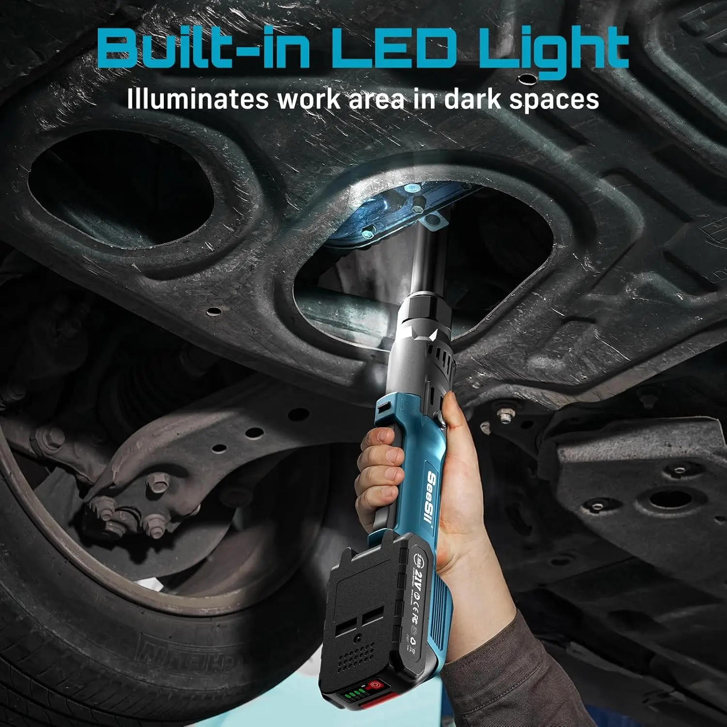 Seesii 3/8 "21 فولت مفتاح ربط كهربائي لاسلكي 80Nm 6.3'' تمديد مفتاح ربط بسقاطة كهربائي قابل لإعادة الشحن زاوية وجع أدوات إصلاح السيارات