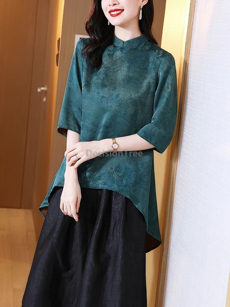 

Ретро-блузка в китайском стиле оверсайз, женская рубашка из вискозы с коротким рукавом, воротником-стойкой и застежкой, свободная блузка для повседневной носки и уличного стиля