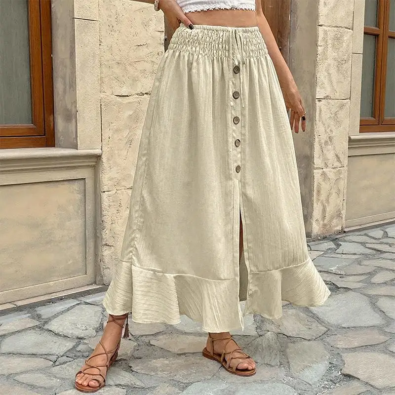 

Повседневная женская юбка с эластичным поясом и разрезом, из полиэстера, фасон «летучая мышь», весна 2025, модный дизайн с разрезом, присборенная