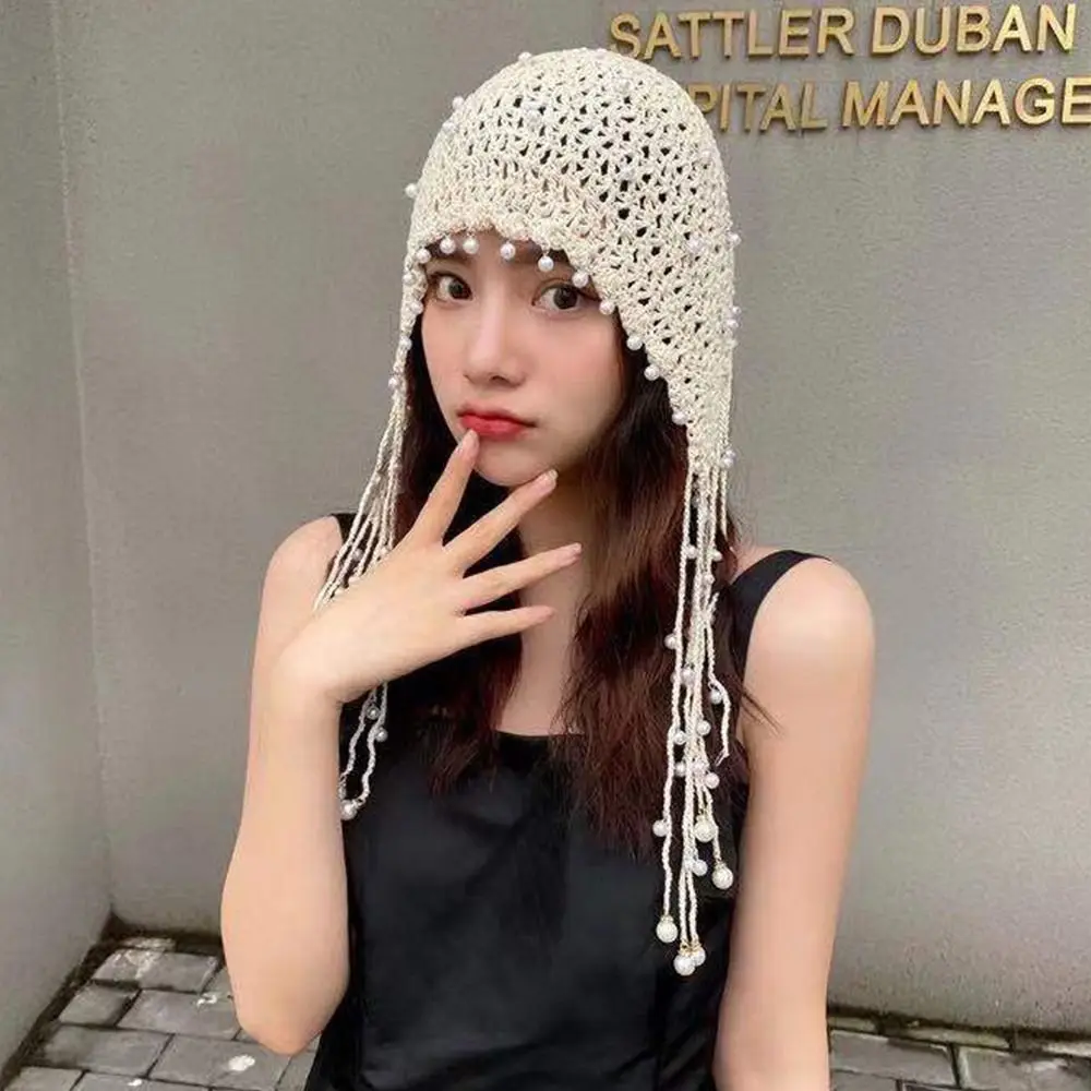 Sweet Handmade Crochet Hats Pearl Ethnic Headscarf Hats Breathable Retro Knitted Caps Summer