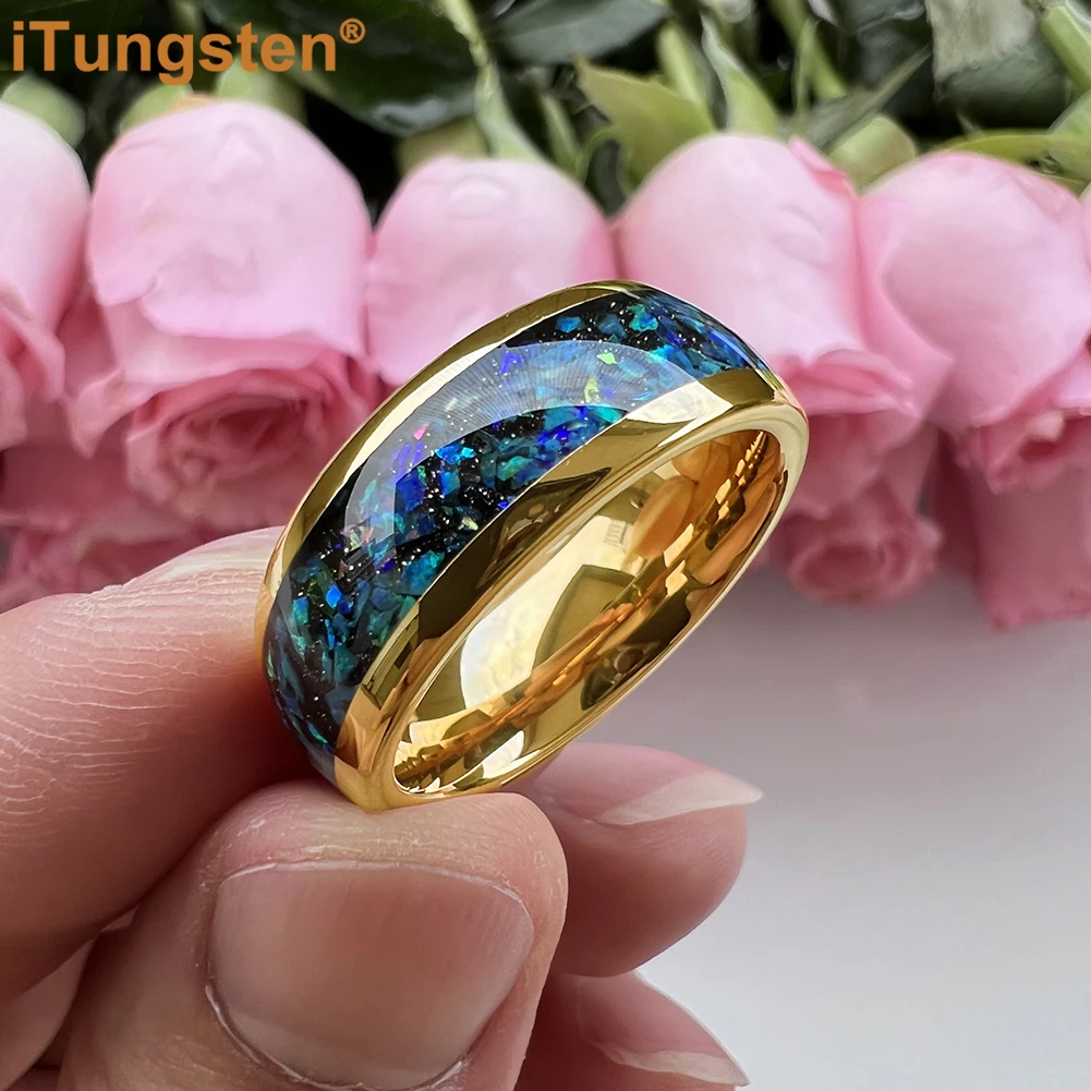 Anillo de ópalo de galaxia brillante iTungsten de 8mm para hombres y mujeres, banda de compromiso de tungsteno para boda, ajuste cómodo pulido con cúpula