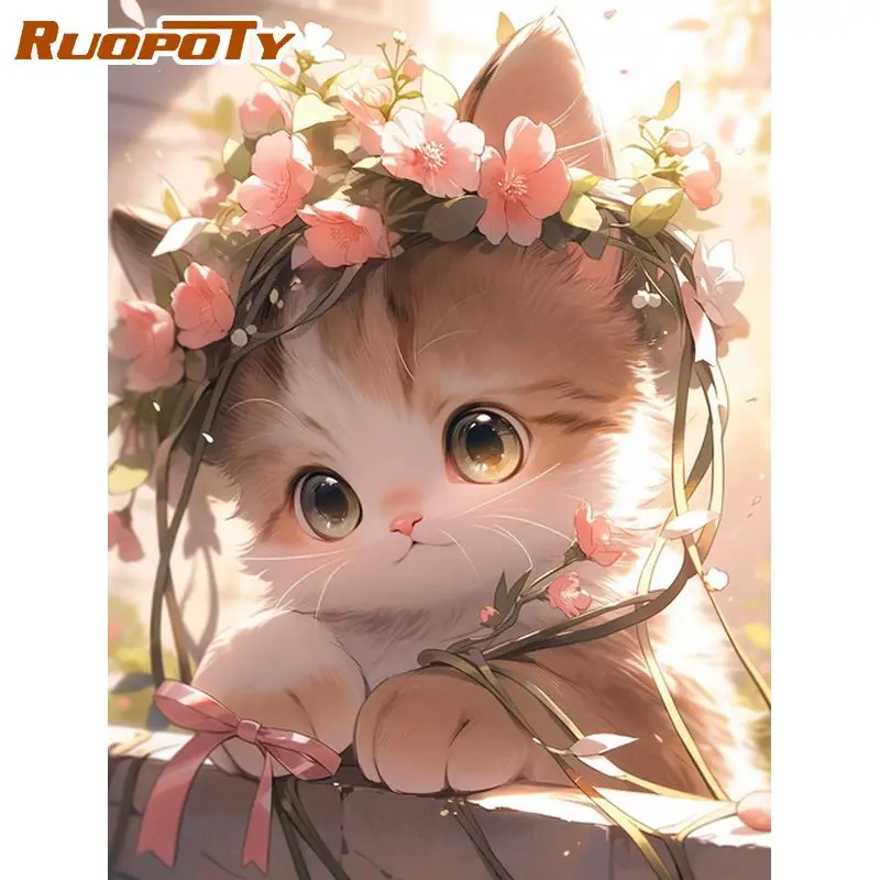 

RUOPOTY Decorative Painting By Numbers With Frame Cat With Flowers Paint Kit Pictures By Numbers Acrylic Paints For Adults Gift