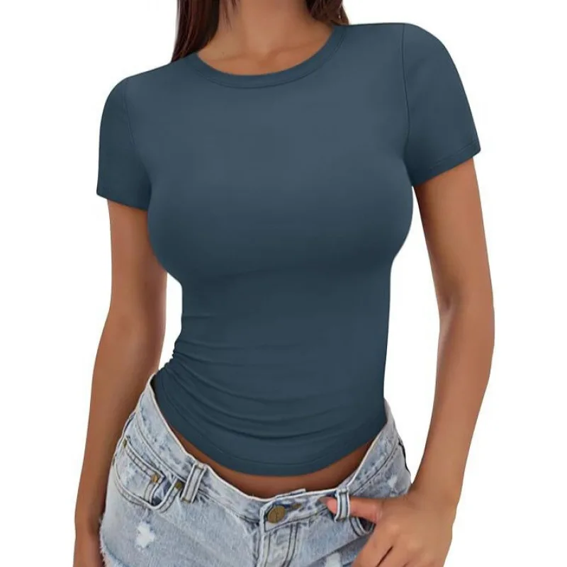 Tight High Round Neck Short Sleeve Tops Casual Summer Basic Fitted T-Shirts Tees Women Streetwear