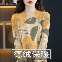 Women Clothing Autumn Winter Vintage Stylish Floral Print Thick Warm Basic T-shirt Elegant Chic O Neck Long Sleeve Pullover Tops