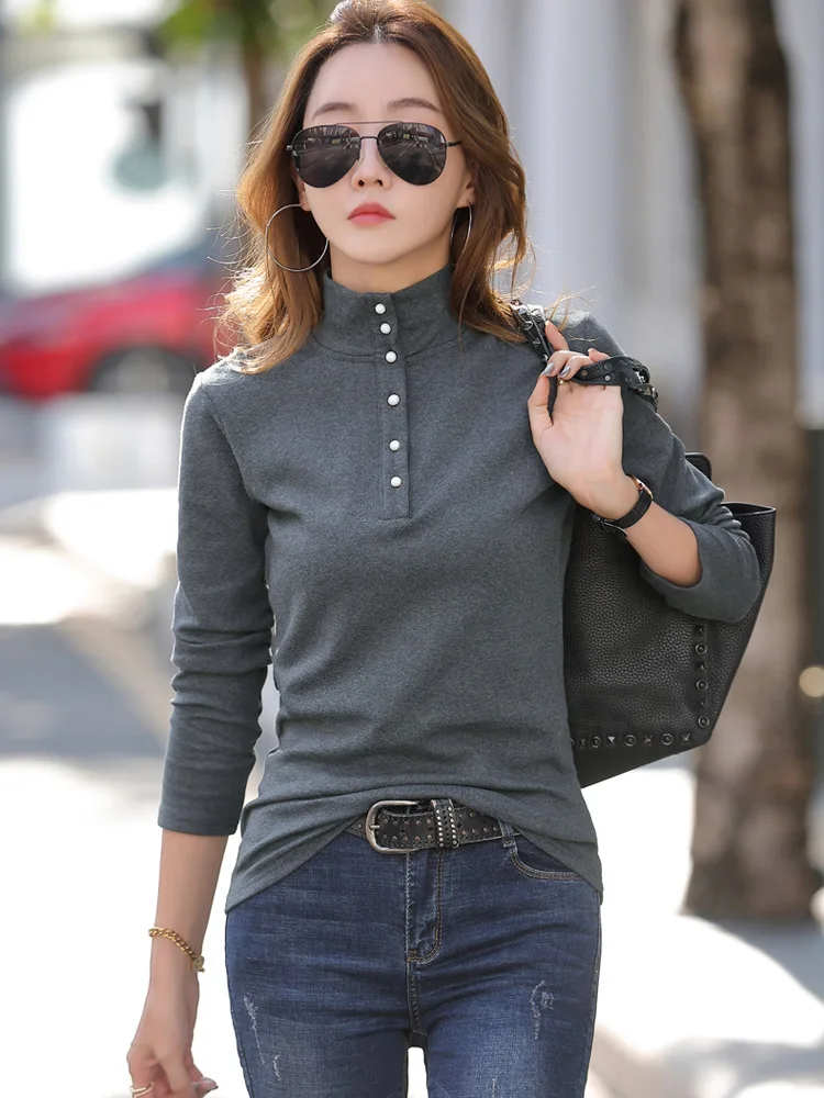 New Women Button Half High Collar Bottomming Shirt Autumn Winter Fashion Simplicity Thick Long Sleeve Slim Sanded T-shirt Tops