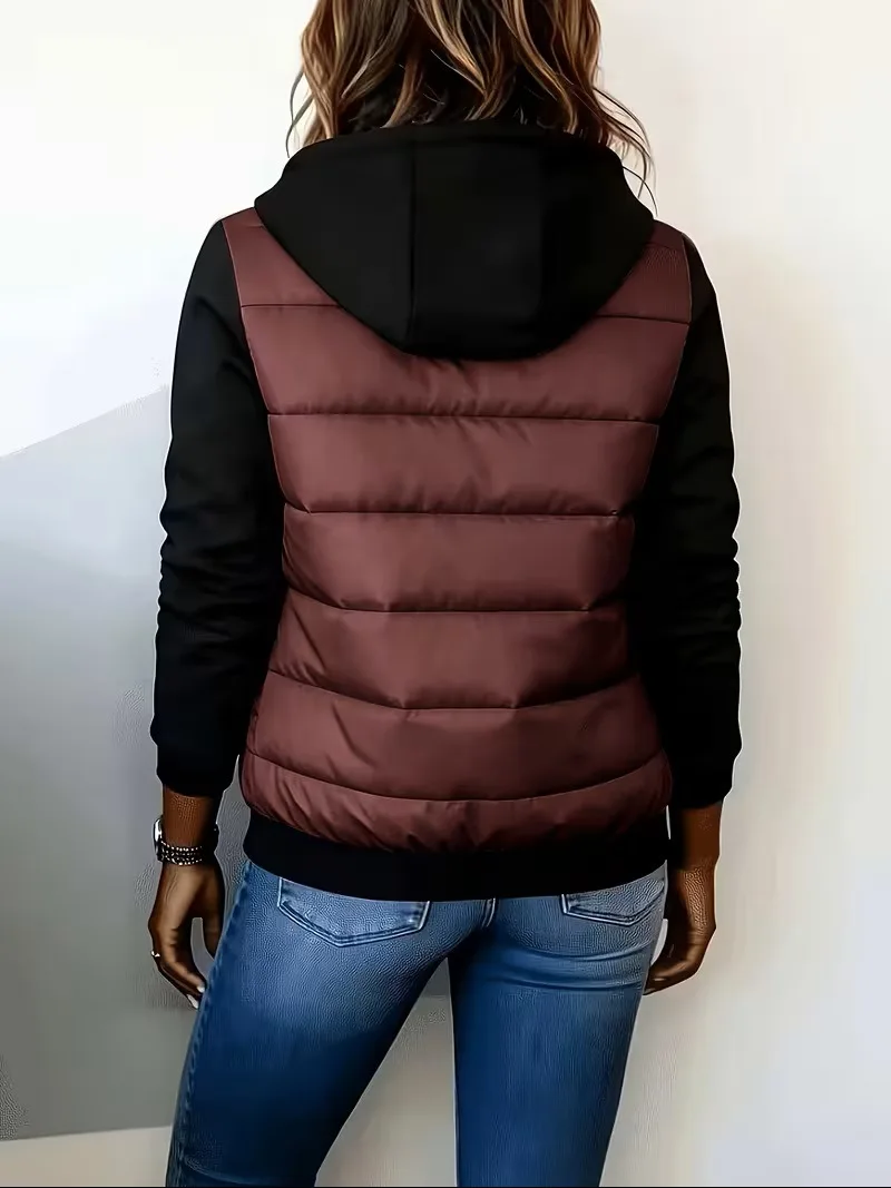 Women's Color Block Hooded Puffer Jacket -Quilted Zip Up Coat with Contrast Sweatshirt Sleeves, Casual Lightweight Winter Outer