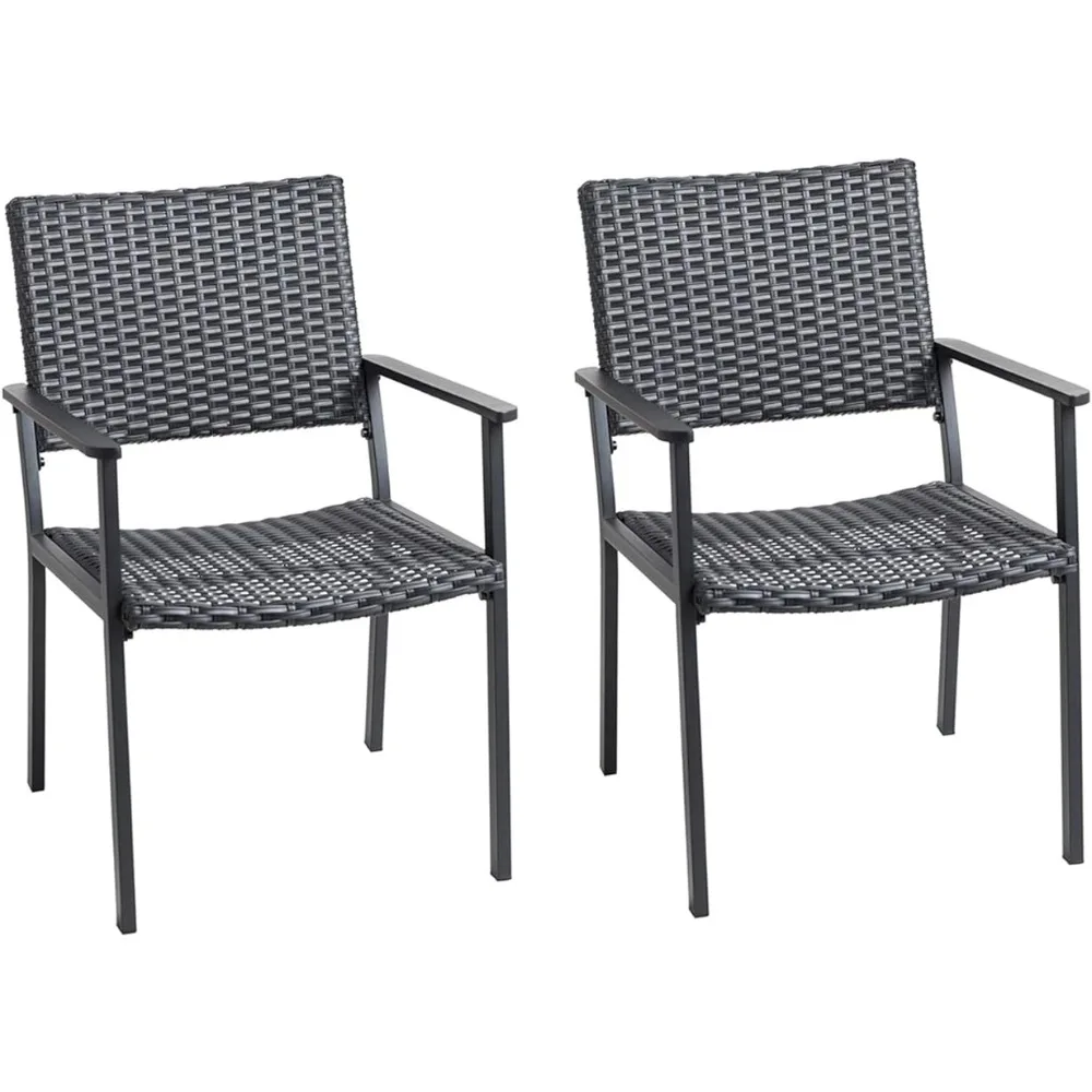 

2 Outdoor Dining Chairs for Outside Patio Tables Metal Frame Black All Weather Wicker Furniture