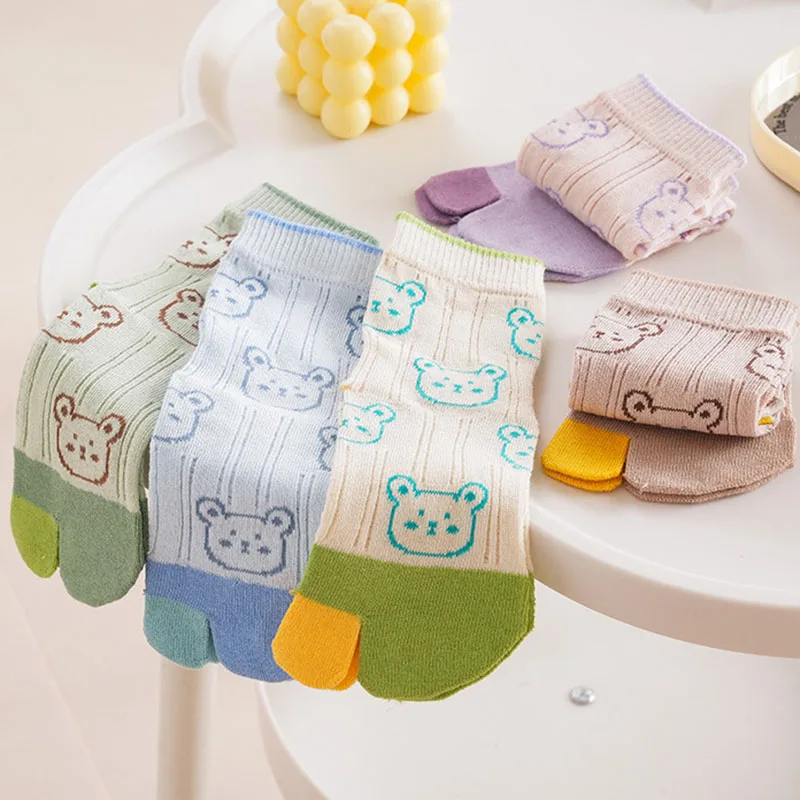 5 Pairs Kids Two Toed Tabi Socks Cute Cartoon Animal Bear Head 2 Finger Thin Mesh Pure Cotton Socks for 3-6-12Y Baby Boys Girls