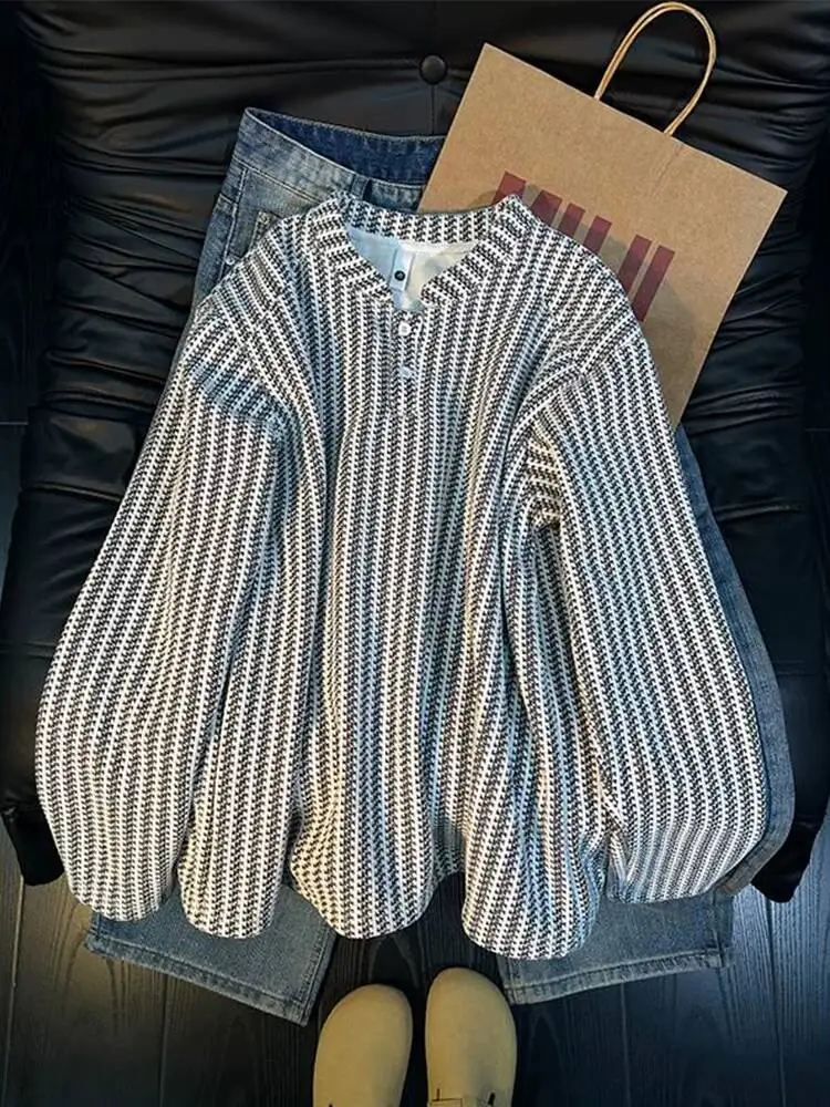 2026 New American Fishbone Texture Heavyweight Sweatshirt for Men, Chic Henry Collar Long Sleeve Polo Shirt Premium Inner Base