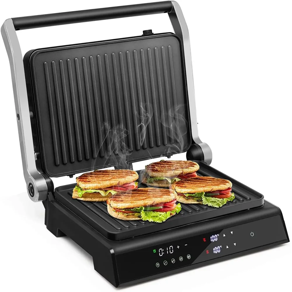 

Electric Panini Press Grill 1200W Sandwich Maker with Independent Temperature Control Removable Drip Tray