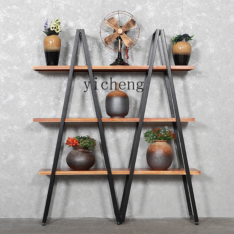 

ZYA Retro Floor-standing Multi-layer Storage Rack Solid Wood Decorative Layer Board Flower Stand Partition Iron Art Display Rack