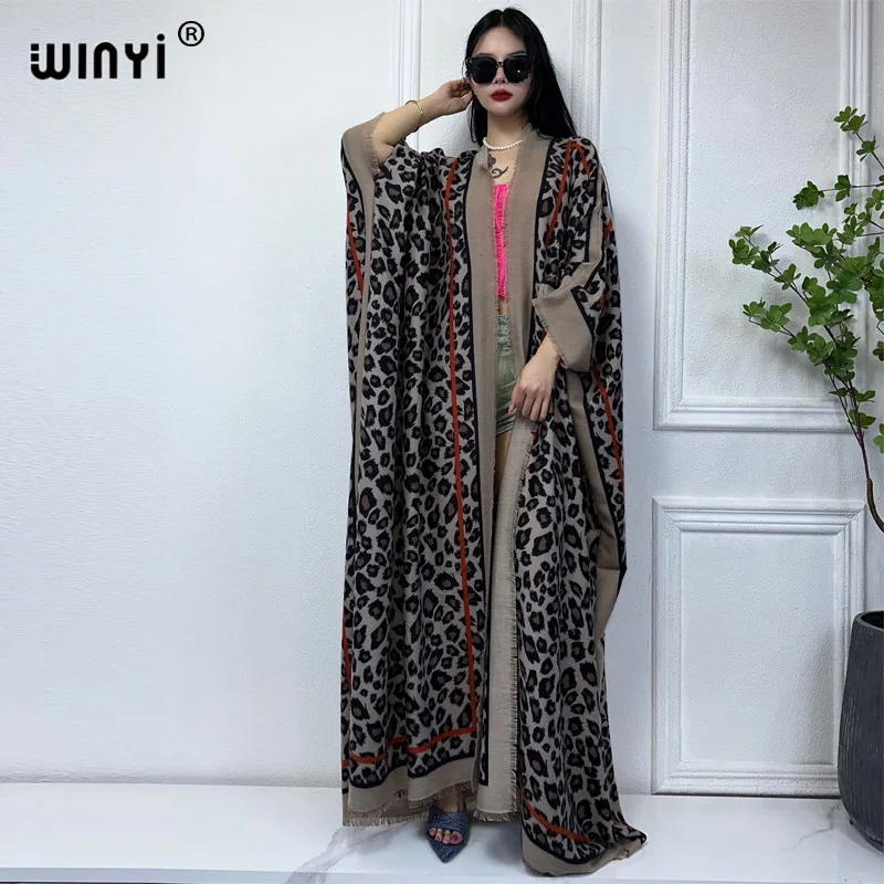 

WINYI leopard print Winter Middle East cloak Women High Quality poncho Luxury Loose OverCoat Thick Warm Female maxi jacket coats