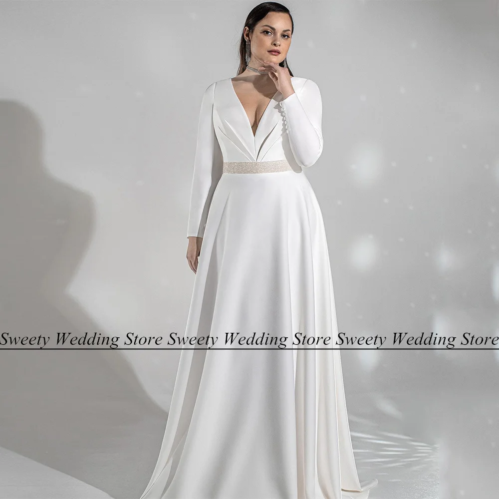 

Plus Size Wedding Dress Marriage Bridal Gown Elegant Long Sleeves Deep V Neck Pleat Sweep Train A Line Bride Vestidos De Novia