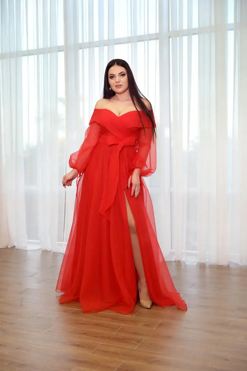 Luxueux robe de soirée de vacances en mousseline de soie rouge, épaules dénudées, avec fente, robe formelle élégante pour femmes