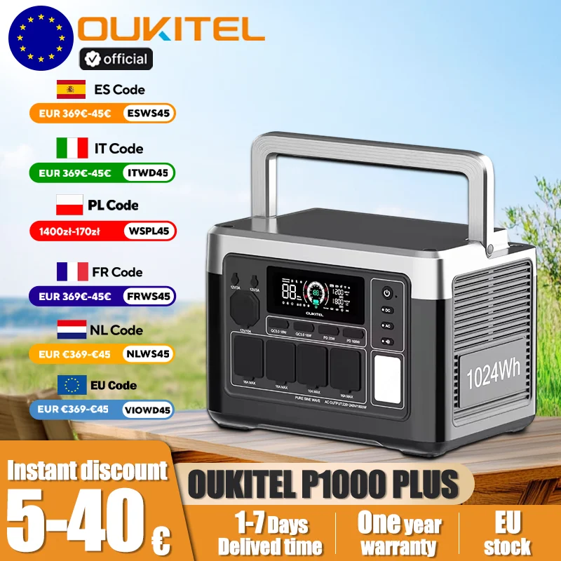 OUKITEL P1000E Plus Centrale Elettrica Portatile 1800W Potenza di Uscita 1024Wh LiFePO4 Famiglia di Campeggio Esterna Alimentazione di Backup Alimentazione Mobile