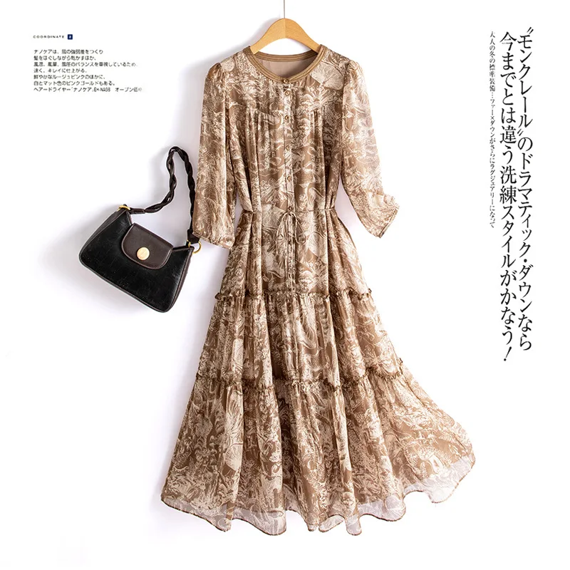 Elegant Silk Dress for Women, O-Neck, Half Sleeve, Waist Lace-up Dress, Mulberry Silk, Viscose Lining, WF9489