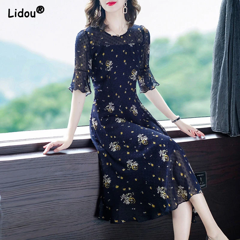 

Office Lady O-neck Floral Print Trumpet Sleeve Empire Premium Slender Dresses Slim Fashion Summer Temperament Women's Clothing