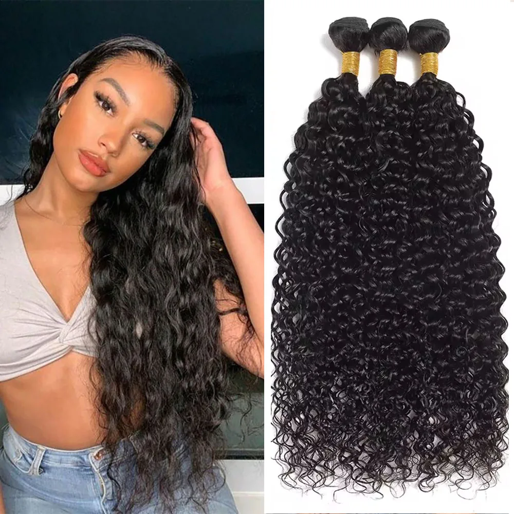 

3 Pcs Brazilian Hair Weave Bundles Water Wave Bundles 100% Brazilian Human Hair Wig 1B Black Color For Women