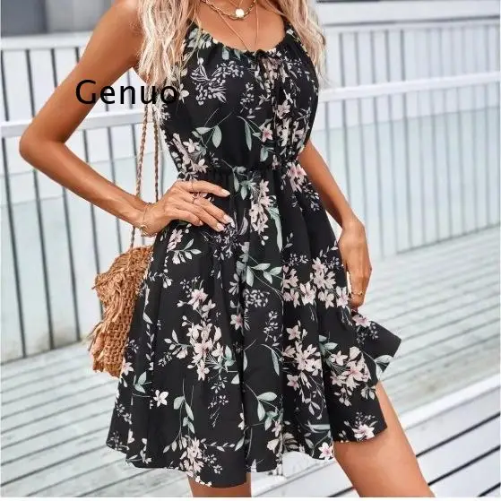 2026 Women Floral Print Spaghetti Strap Mini Dress Elastic Waist A Line Dress for Daily Wear