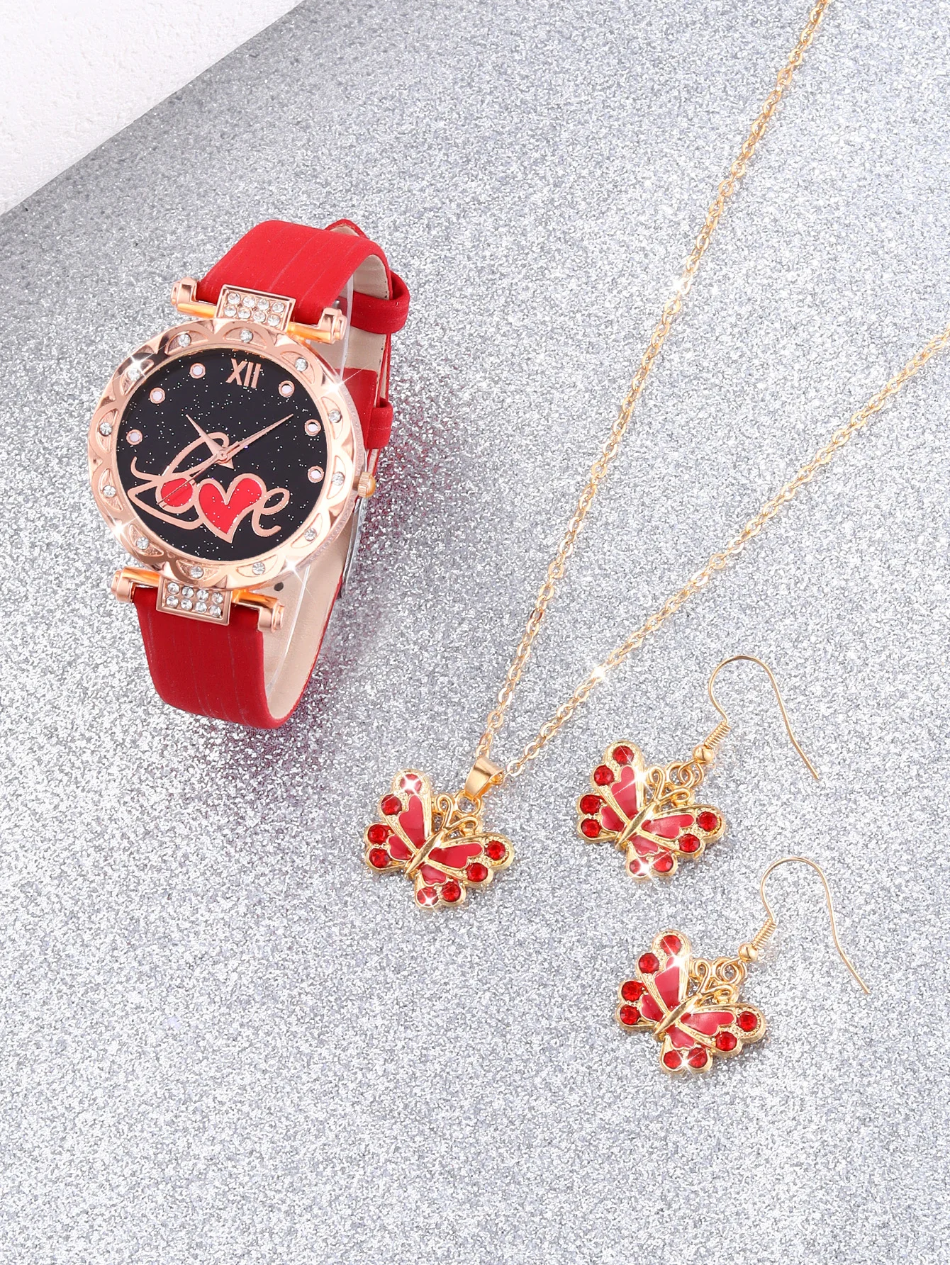 School style LOVE fashion red women\'s quartz watch and butterfly earrings necklace set back-to-school gifts